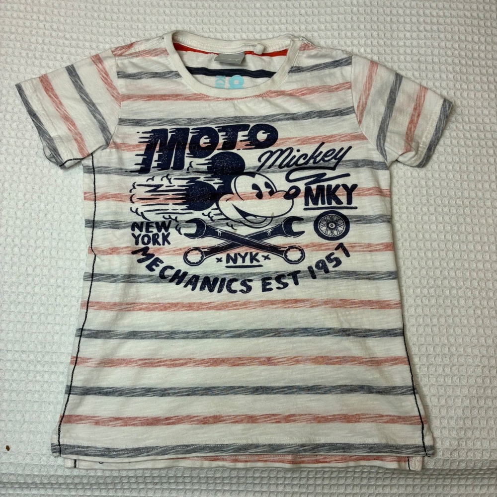 Cotton On Kids Disney Mickey Mouse Moto Mechanics Striped Graphic‎ Tee Size 8